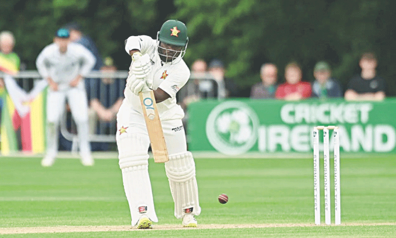 ZIMBABWE opener Prince Masvaure plays a shot during the one-off Test against Ireland at the Civil Service Cricket Club ground on Thursday.—courtesy Cricket Ireland