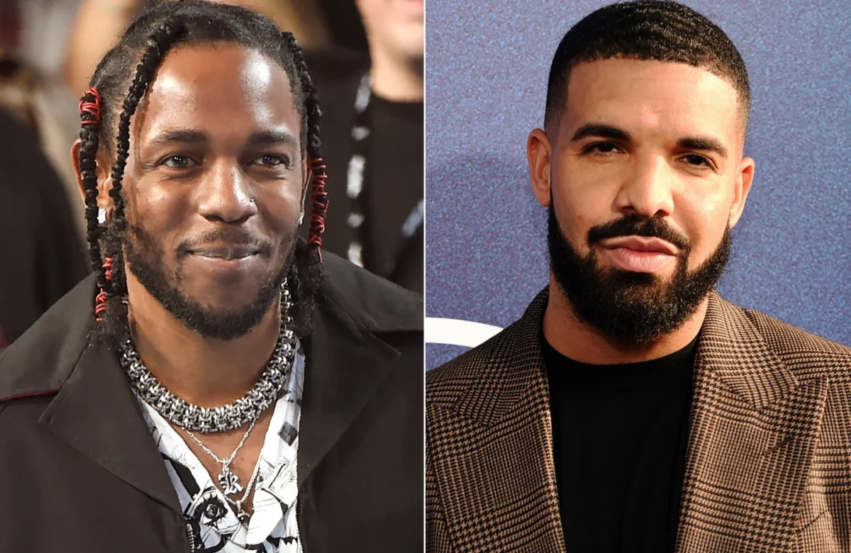 In this combination of images, Kendrick Lamar, left, appears at the MTV Video Music Awards on Aug. 27, 2017, in Inglewood, Calif., and Drake, right, appears at the premiere of the series “Euphoria,” in Los Angeles on June 4, 2019