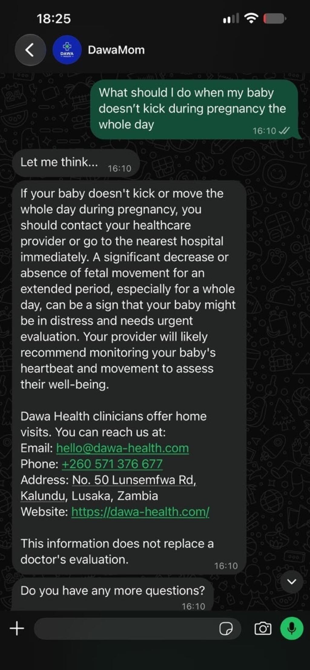 A screenshot of a conversation with DawaMom, a WhatsApp chatbot which provides pregnancy-related information for women in Zimbabwe.
